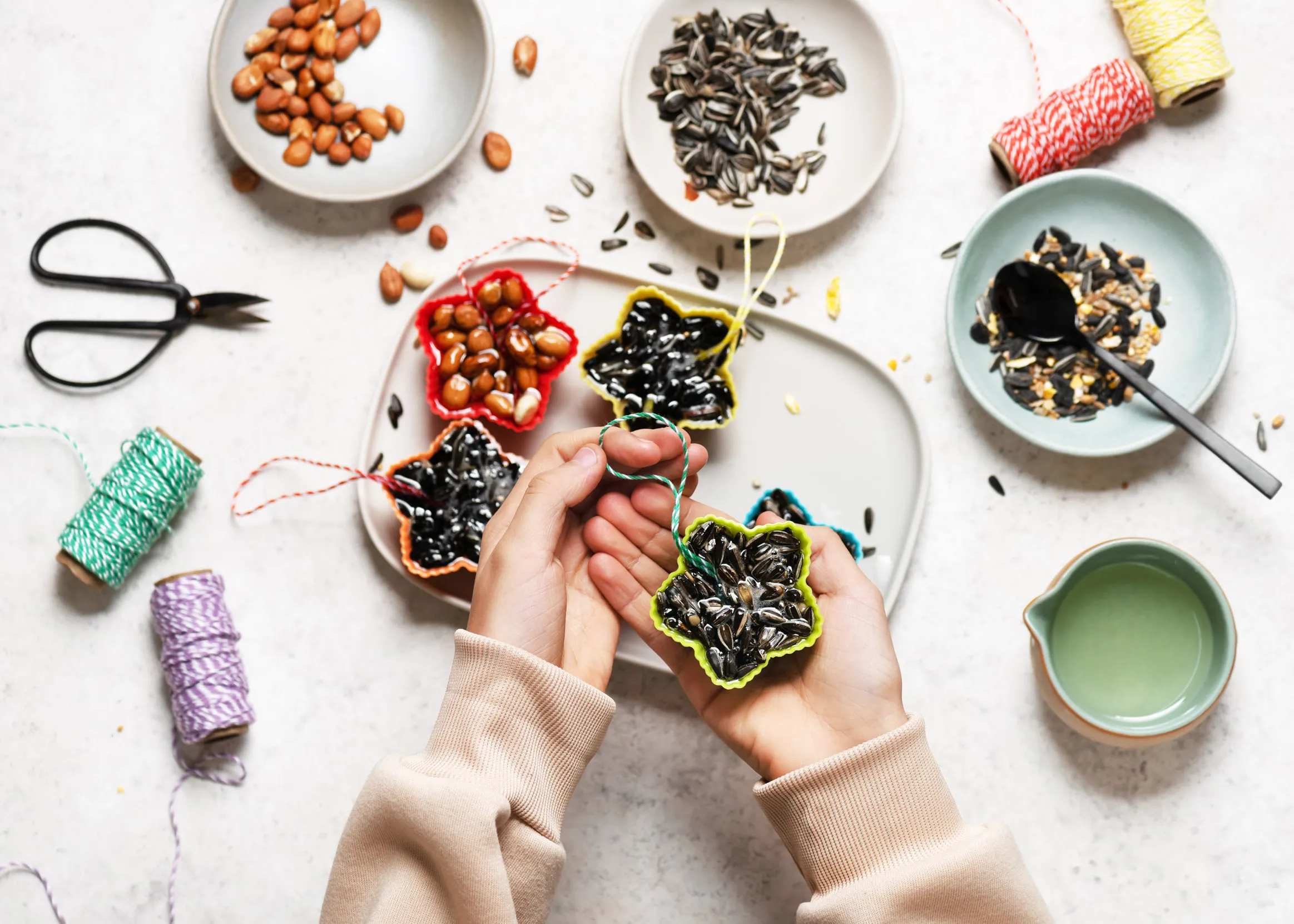 Seen from above, a child's hands holding a silicone cupcake mould packed with seeds, nuts and fat.