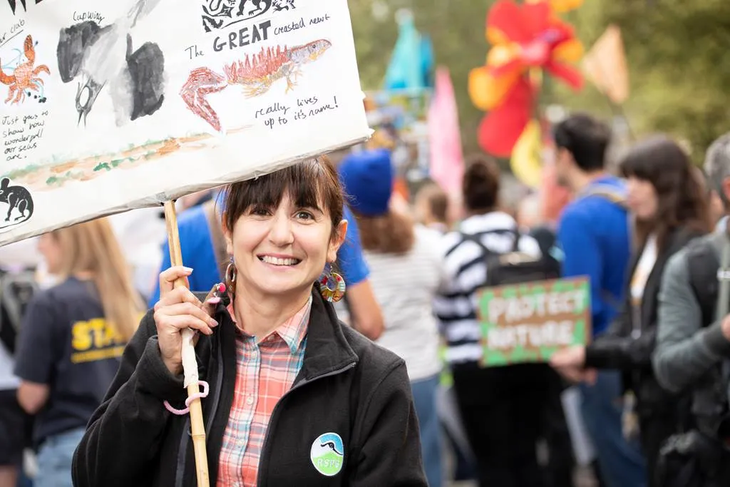 RSPB's Youth Mobilisation Manager Roberta Antonaci at the Restore Nature Now protest outside Defra HQ organised by Chris Packham, London, September 2023
