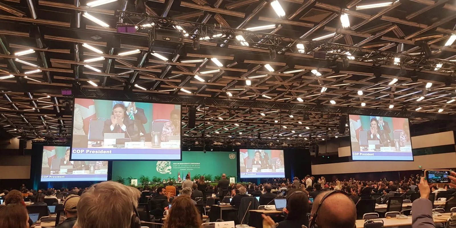 Many attendees at the Convention on Biological Diversity watch the stage and screens for COP15.