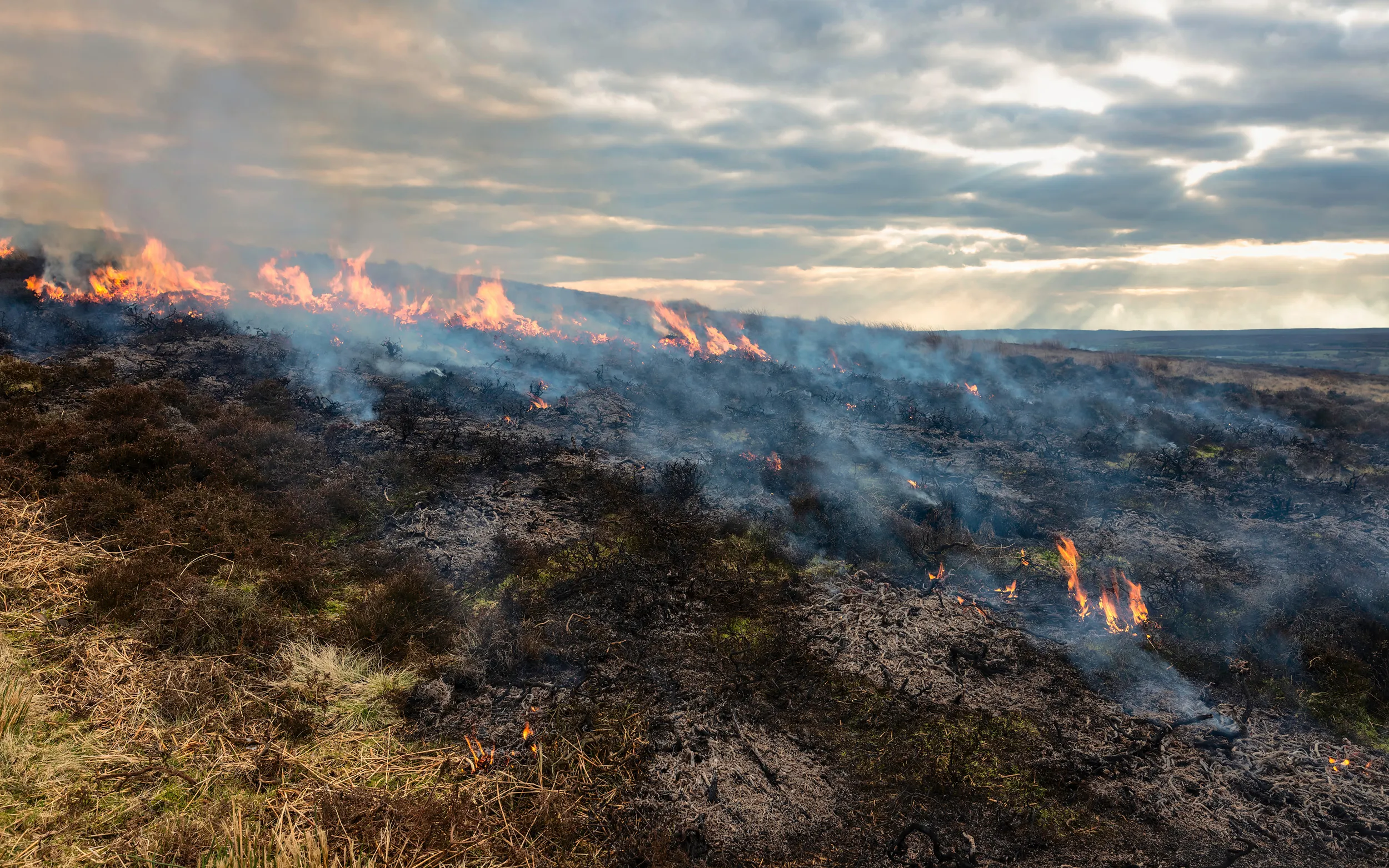 A view of the heathland at the North York Moors engulfed in flames.