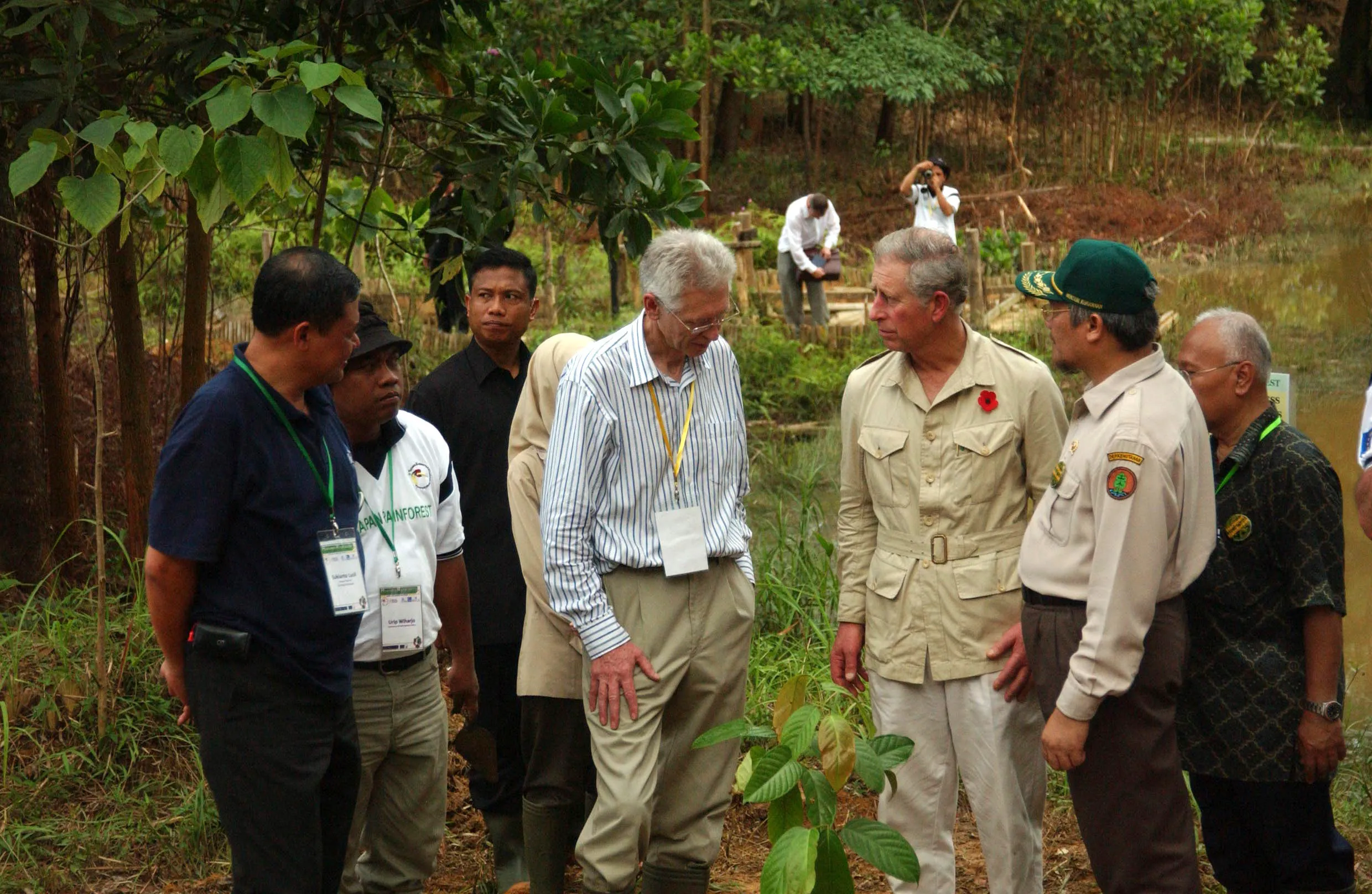 HRH King Charles visits Harapan Rainforest in Sumatra together with other conservationists including Graham Wynne CEO of the RSPB in 2008.
