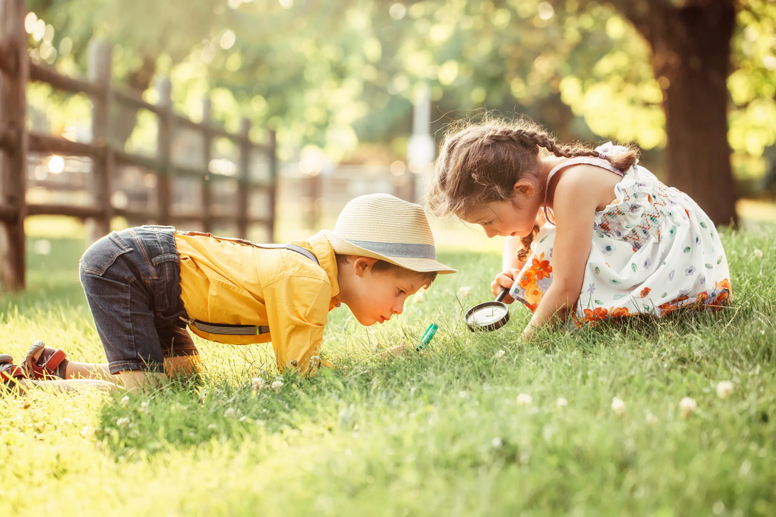 Two children sat on a field of grass searching for bugs with magnifying glasses.