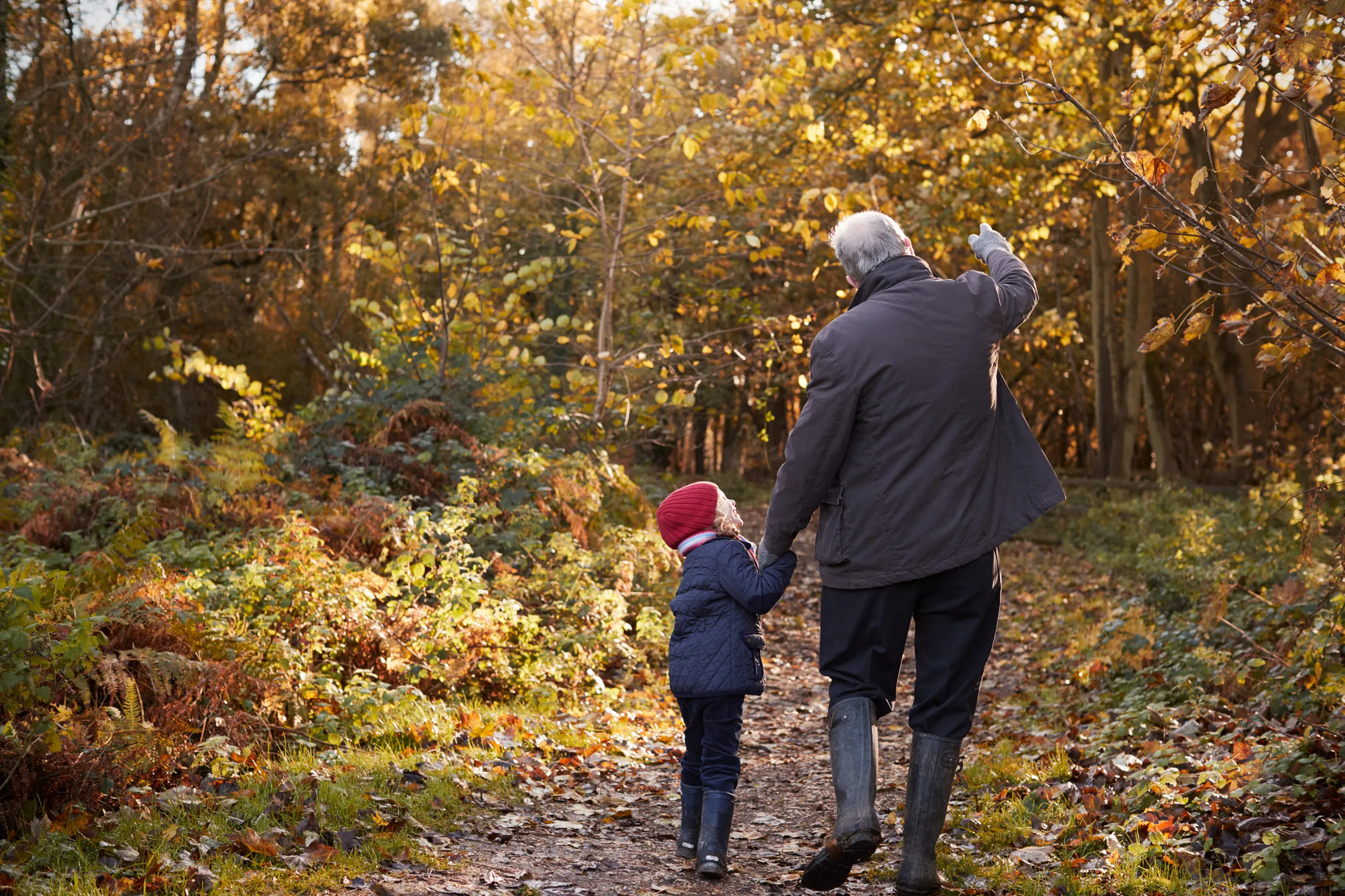 A grandparents and child taking a walk through the woods wearing winter coats.