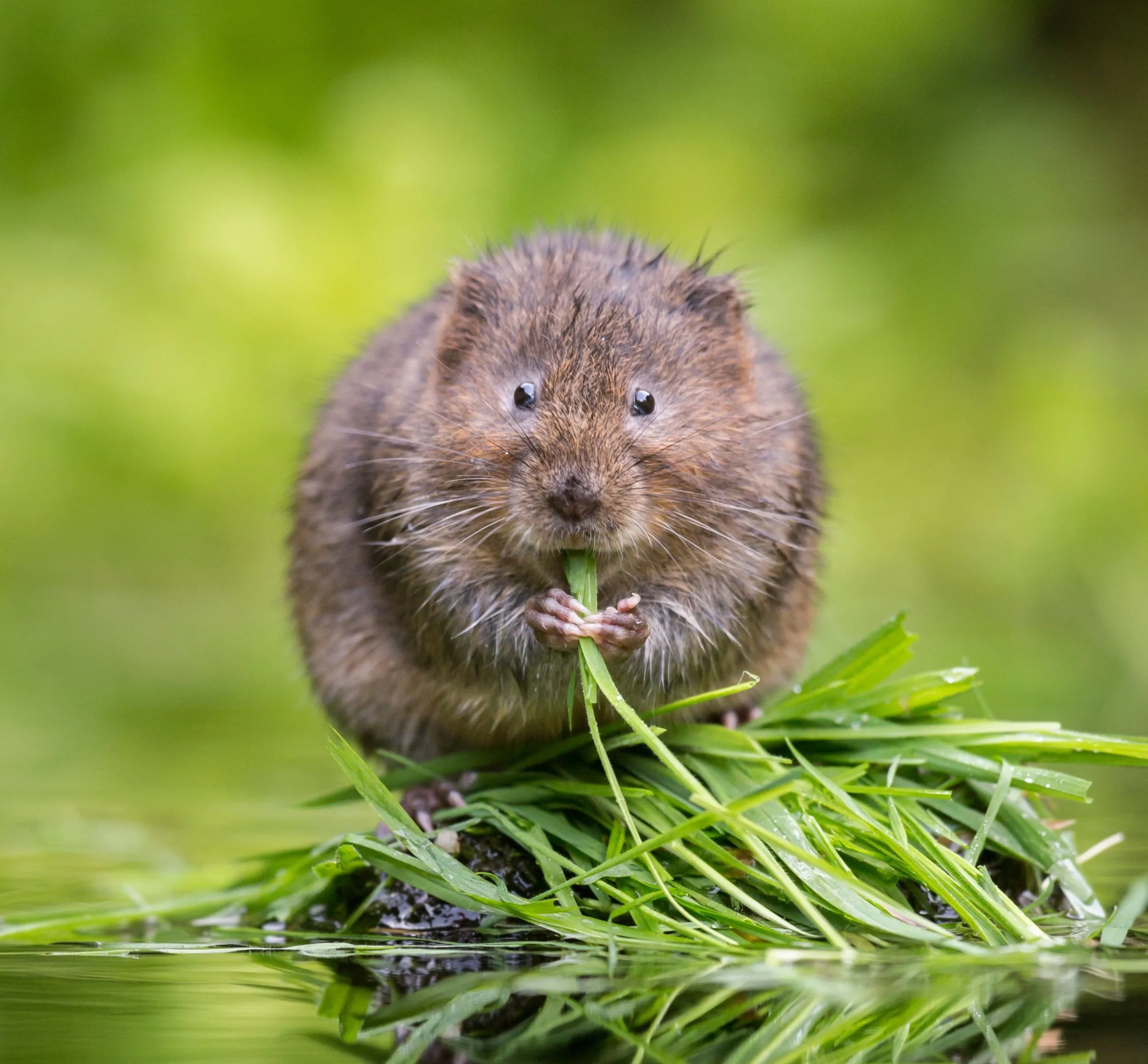 A Water Vole sat on the edge of a river bank eating grass. 