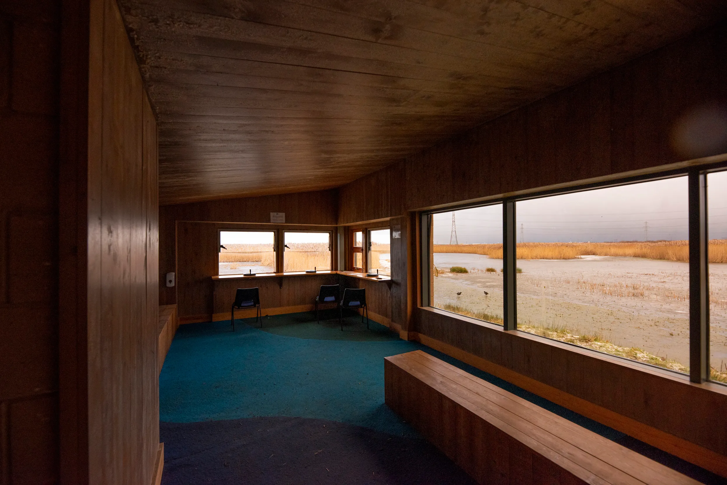 A bird hide at Saltholme in winter, with seating and carpeted floors, and a view out to a large area of wetland and wildlife