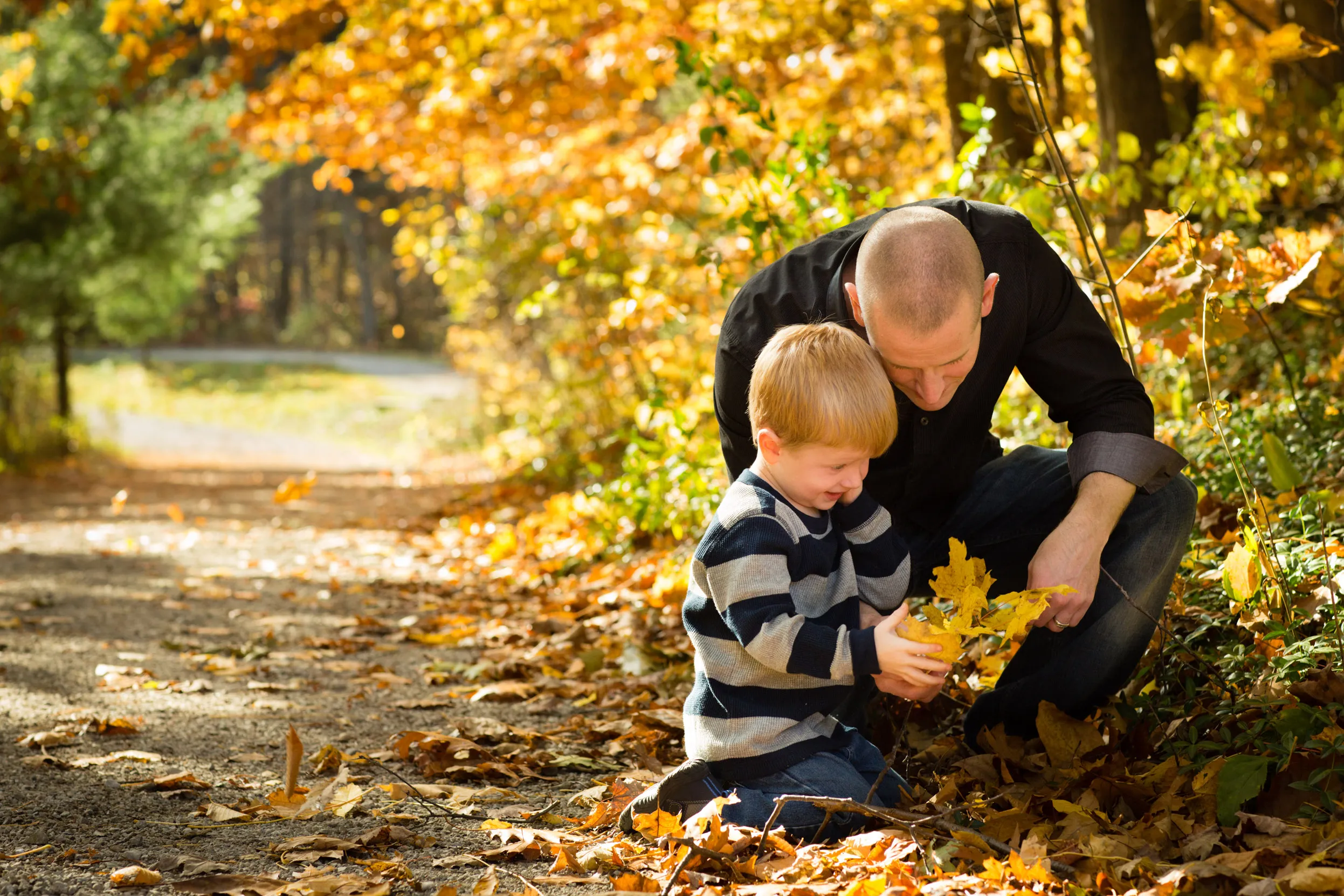 An adult and child knelt on a woodland ground looking at fallen autumn leaves.